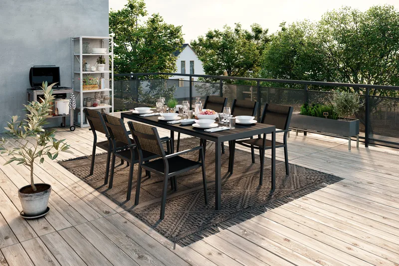 Tunis Spisegruppe 205x90 cm + 6 Tunis Stablestoler - Svart - Hagemøbler - Hagegruppe - Spisegrupper hage