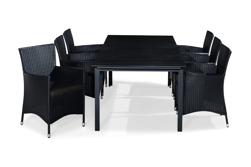 Tunis Spisegruppe 220-280x90 + 6 Thor Lenestol m Pute - Svart/Svart - Hagemøbler - Hagegruppe - Spisegrupper hage