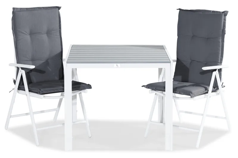 Tunis Spisegruppe 90x90 + 2 Maggie Posisjonsstol m Pute - Hvit/Grå - Hagemøbler - Hagegruppe - Spisegrupper hage