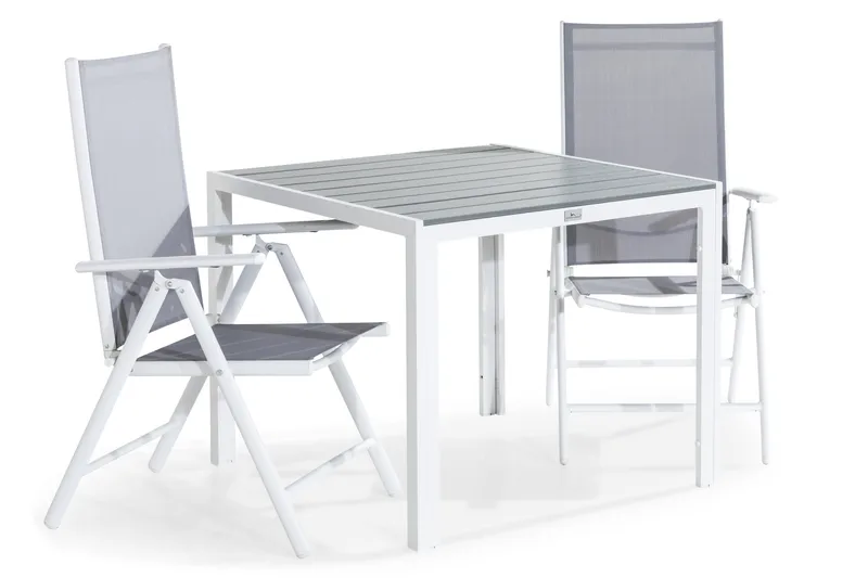 Tunis Spisegruppe 90x90 + 2 Maggie Posisjonsstol - Hvit/Grå - Hagemøbler - Hagegruppe - Spisegrupper hage