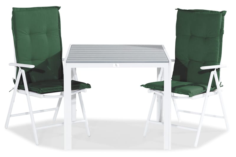 Tunis Spisegruppe 90x90 + 2 Maggie Posisjonsstol m Pute - Hvit/Grå/Grønn - Hagemøbler - Hagegruppe - Spisegrupper hage