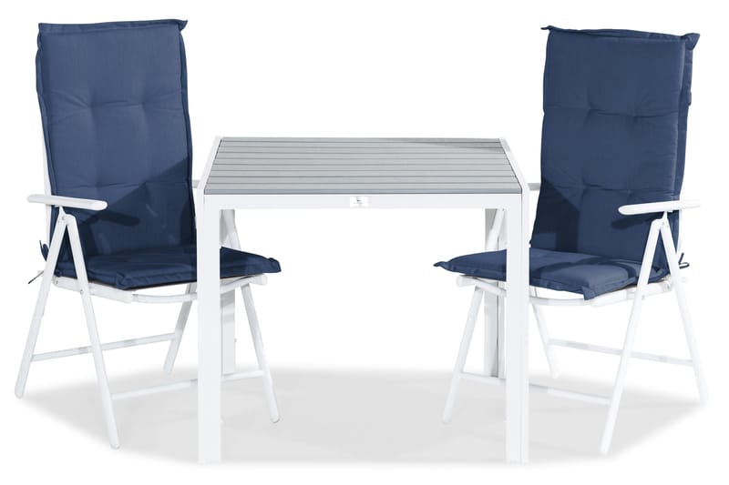 Tunis Spisegruppe 90x90 + 2 Maggie Posisjonsstol m Pute - Hvit/Grå/Blå - Hagemøbler - Hagegruppe - Spisegrupper hage
