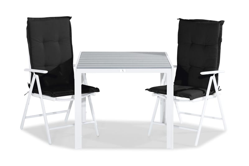 Tunis Spisegruppe 90x90 + 2 Maggie Posisjonsstol m Pute - Hvit/Grå/Svart - Hagemøbler - Hagegruppe - Spisegrupper hage