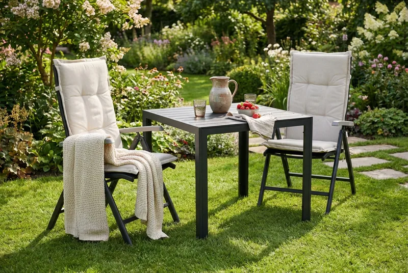Tunis Spisegruppe 90x90 + 2 Monaco Lyx Posisjonsstol m Pute - Svart/Grå/Offwhite - Hagemøbler - Hagegruppe - Spisegrupper hage