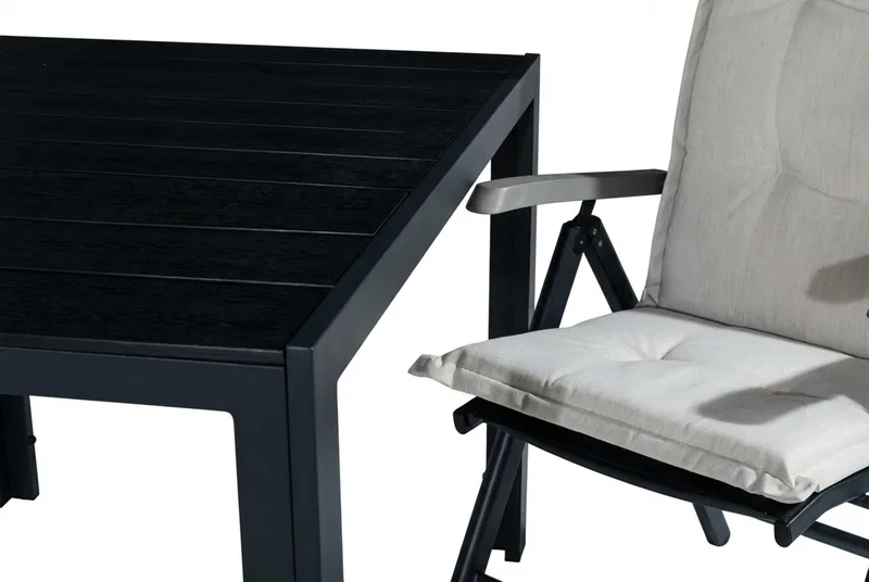 Tunis Spisegruppe 90x90 + 2 Monaco Lyx Posisjonsstol m Pute - Svart/Grå/Offwhite - Hagemøbler - Hagegruppe - Spisegrupper hage