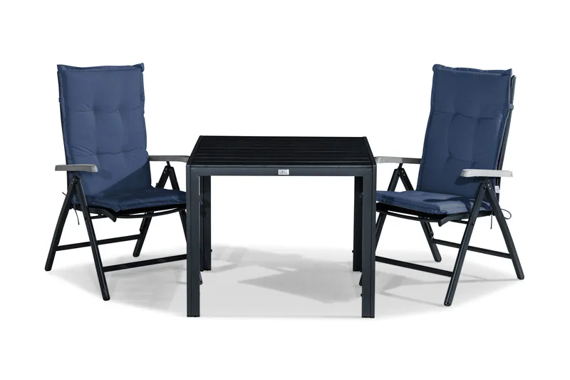 Tunis Spisegruppe 90x90 + 2 Monaco Lyx Posisjonsstol m Pute, Svart/Grå/Blå