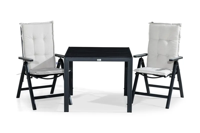 Tunis Spisegruppe 90x90 + 2 Monaco Posisjonsstol m Pute, Svart/Grå/Offwhite