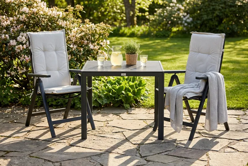Tunis Spisegruppe 90x90 + 2 Monaco Posisjonsstol m Pute - Svart/Grå/Offwhite - Hagemøbler - Hagegruppe - Spisegrupper hage