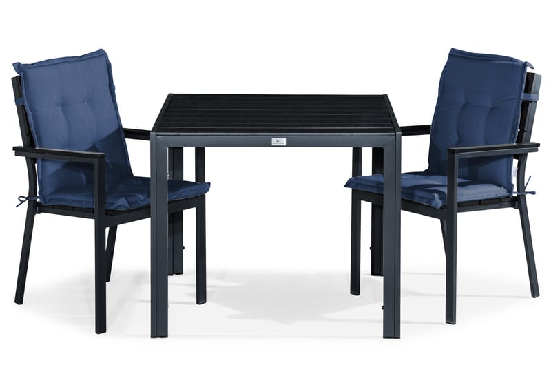 Tunis Spisegruppe 90x90 + 2 Stablestoler m Pute, Svart/Blå