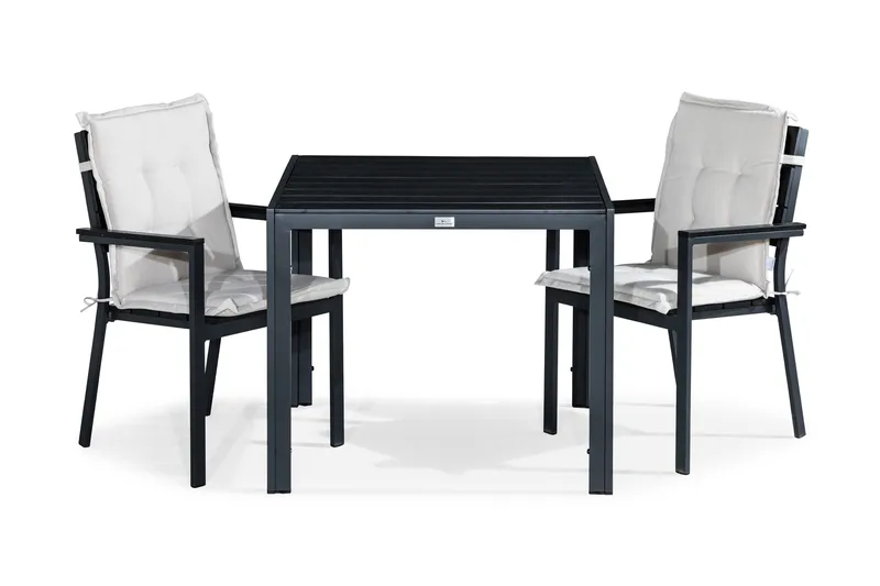 Tunis Spisegruppe 90x90 + 2 Tunis Stablestol m Pute, Svart/Offwhite