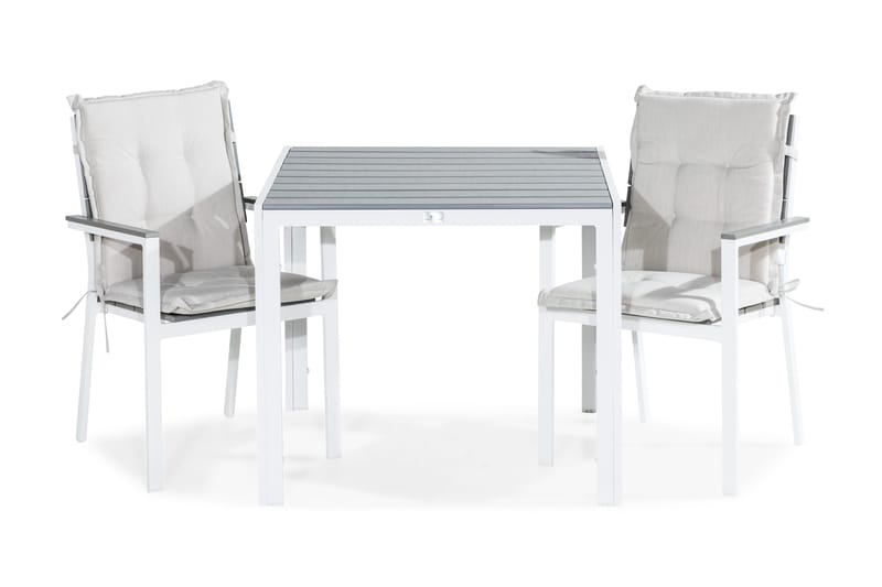 Tunis Spisegruppe 90x90 + 2 Tunis Stablestol m Pute, Hvit/Grå/Offwhite