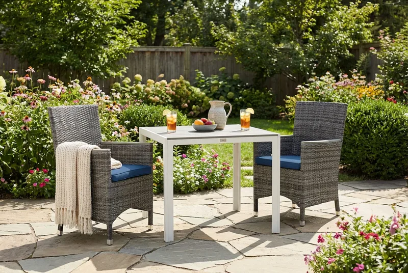 Tunis Spisegruppe 90x90+ 2 Thor Lyx Stol m Armlene m Pute - Hvit/Grå/Aintwood/Blå - Hagemøbler - Hagegruppe - Spisegrupper hage