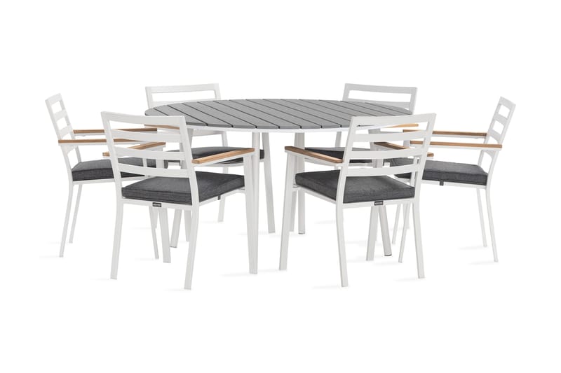 Tunis Spisegruppe Rund 140 cm + 6 Oliver Spisestol, Alu/Hvit