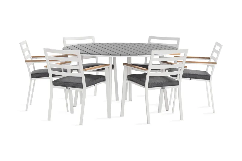 Tunis Spisegruppe Rund 140 cm + 6 Oliver Spisestol, Alu/Hvit
