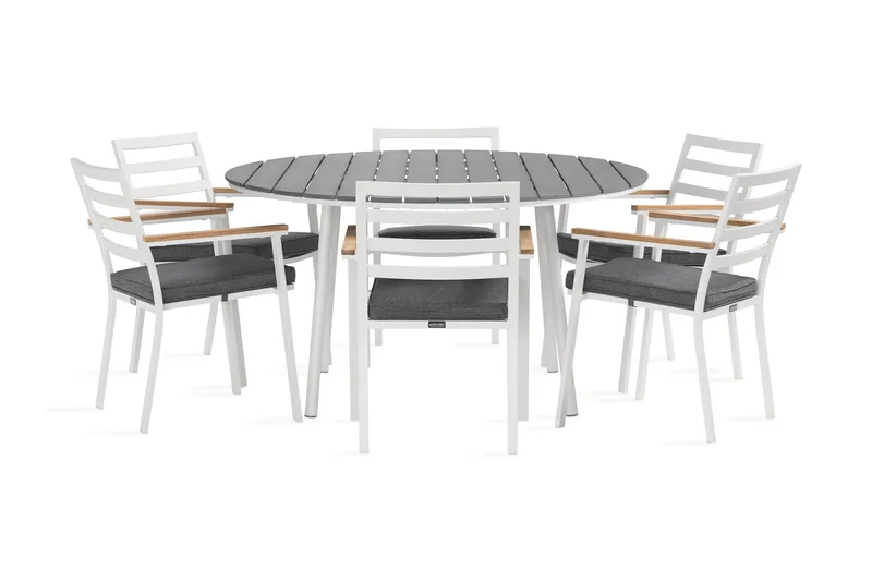 Tunis Spisegruppe Rund 140 cm + 6 Oliver Spisestol - Alu/Hvit - Hagemøbler - Hagegruppe - Spisegrupper hage