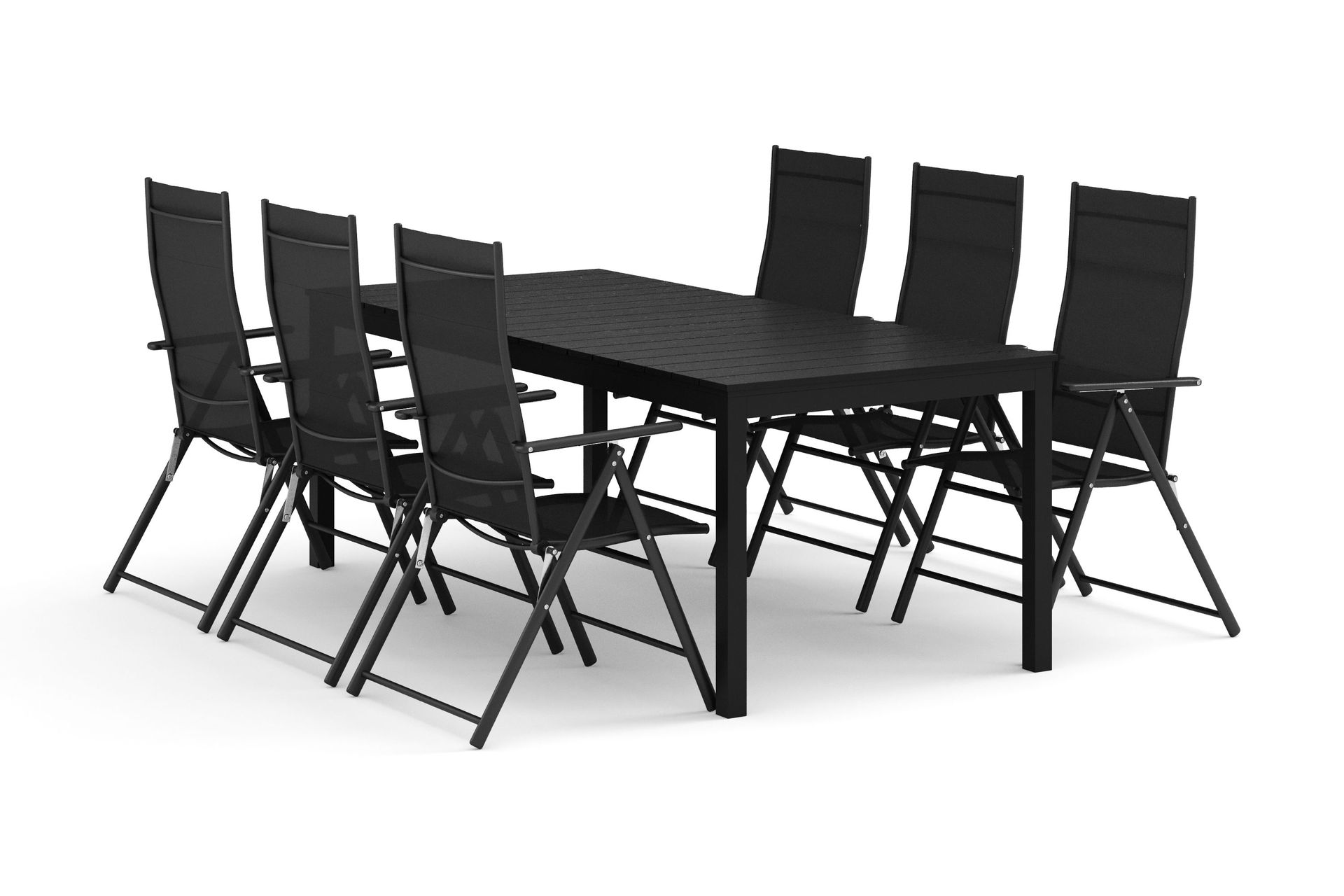 Tunis utendørs spisegruppe, uttrekkbar 205/305x90 cm, med 6 regulerbare stoler - Svart/Svart