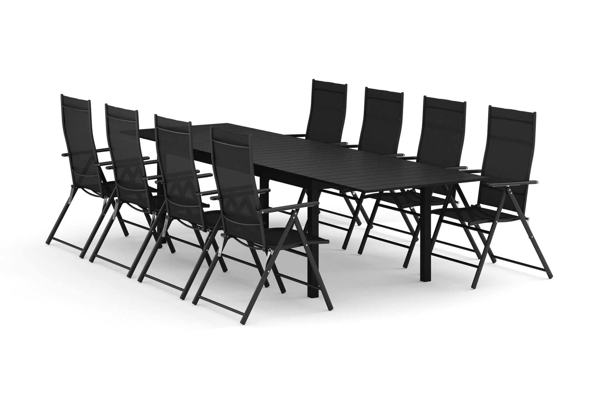 Tunis utendørs spisegruppe, uttrekkbar 205/305x90 cm med 8 posisjonsstoler - Svart/Svart