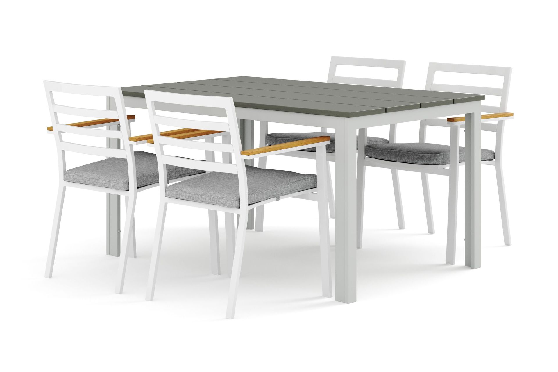 Tunis utendørs spisegruppe 140x90 cm med 4 Oliver karmstoler med pute - Hvit/grå