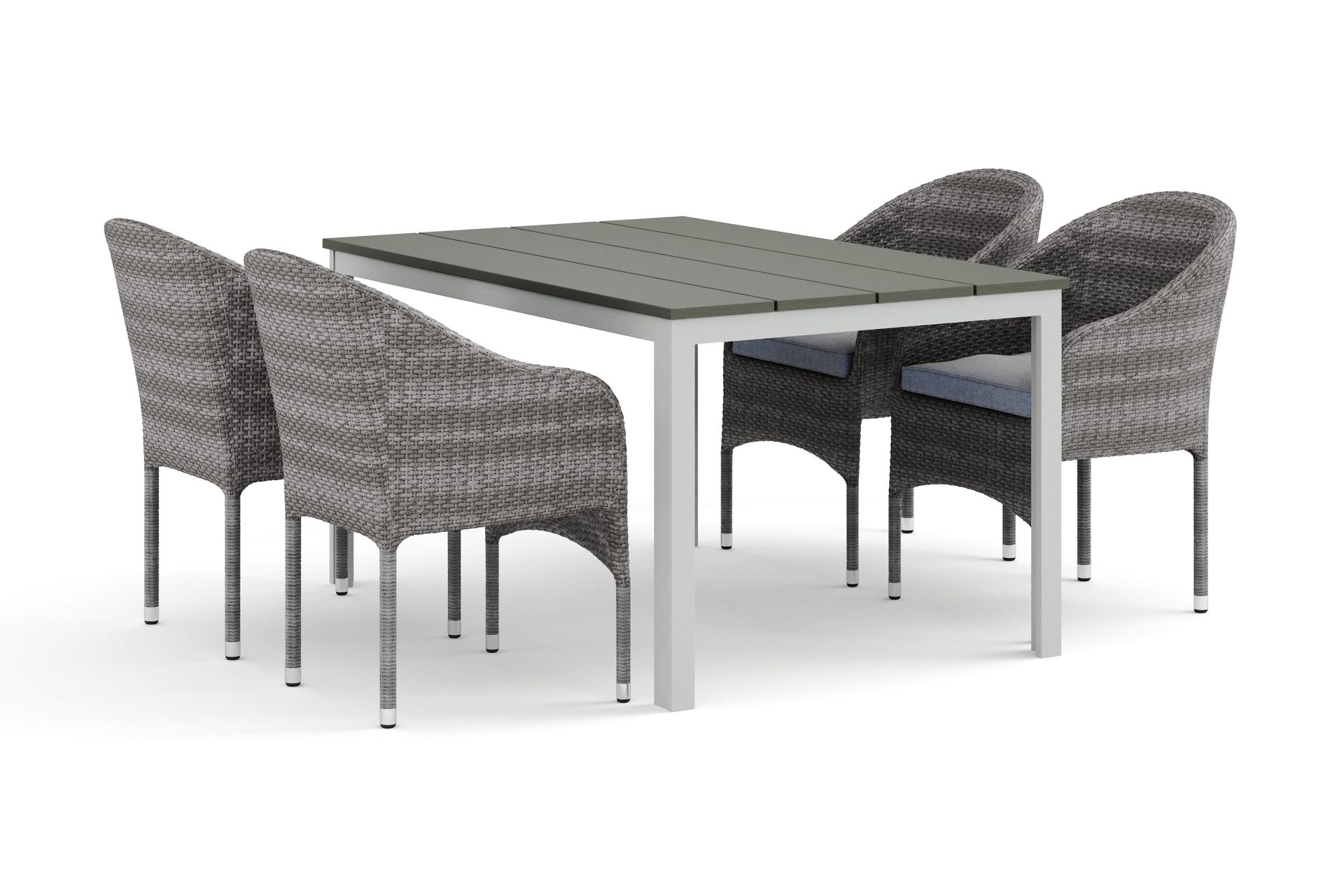 Tunis utendørs spisegruppe 140x90 cm med 4 Thor lenestoler - Hvit/Grå