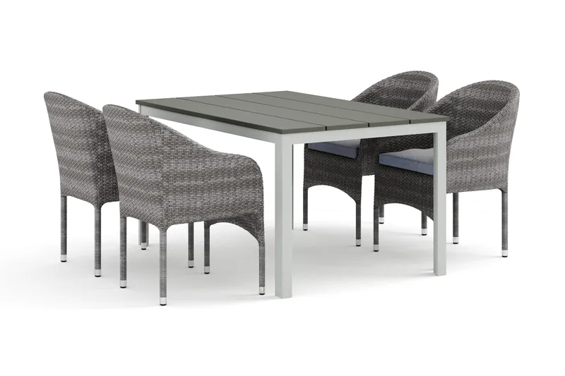 Tunis utendørs spisegruppe 140x90 cm med 4 Thor lenestoler, Hvit/Grå
