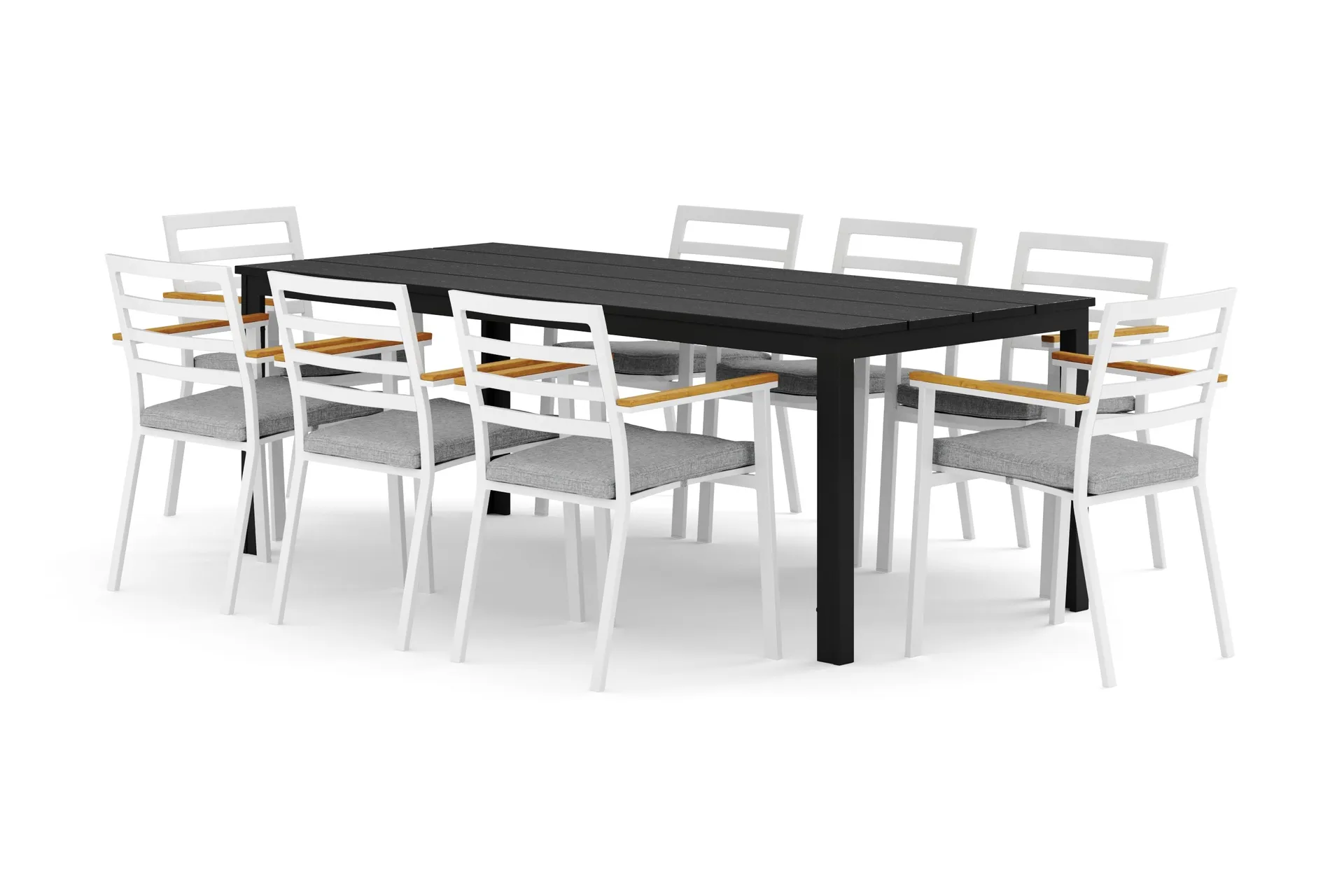 Tunis utendørs spisegruppe 205x90 cm med 8 Oliver armstoler med pute - Svart/Svart