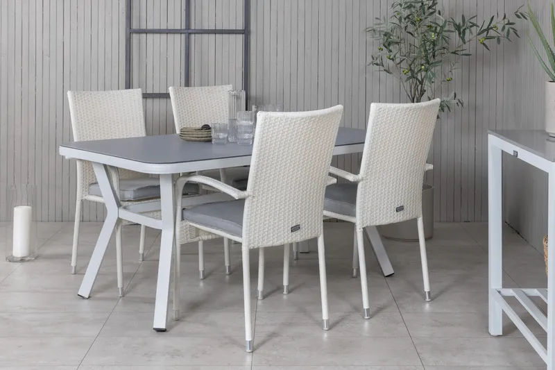 Virya Spisegruppe 160cm + 4 Anna Spisestoler - Hvit/Grå - Hagemøbler - Hagegruppe - Spisegrupper hage