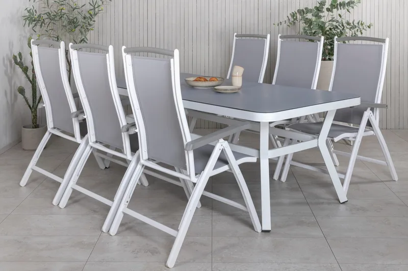 Virya Spisegruppe 160cm + 6 Albany Posisjonsstoler - Hvit/Grå - Hagemøbler - Hagegruppe - Spisegrupper hage