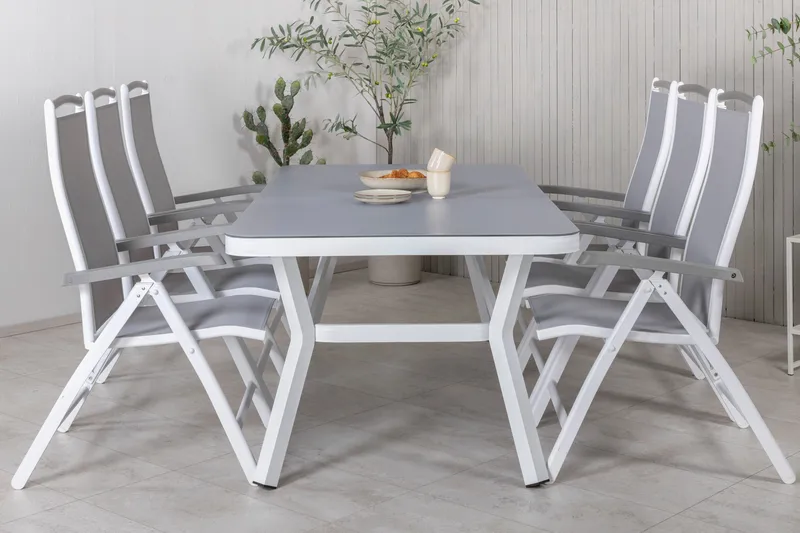 Virya Spisegruppe 160cm + 6 Albany Posisjonsstoler - Hvit/Grå - Hagemøbler - Hagegruppe - Spisegrupper hage