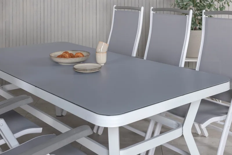 Virya Spisegruppe 160cm + 6 Albany Posisjonsstoler - Hvit/Grå - Hagemøbler - Hagegruppe - Spisegrupper hage