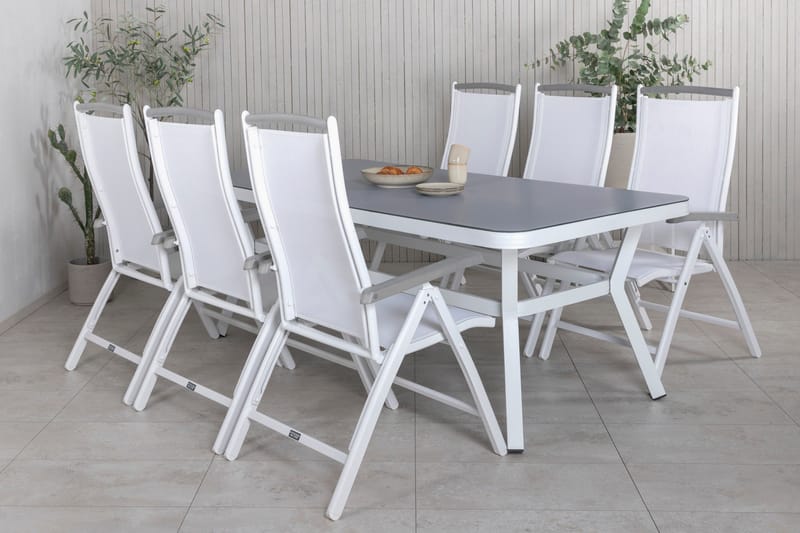 Virya Spisegruppe 160cm + 6 Albany Posisjonsstoler - Hvit/Grå - Hagemøbler - Hagegruppe - Spisegrupper hage