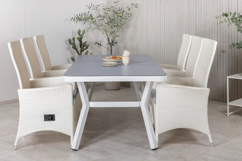Virya Spisegruppe 160cm + 6 Padova Reclinerstoler - Hvit - Hagemøbler - Hagegruppe - Spisegrupper hage