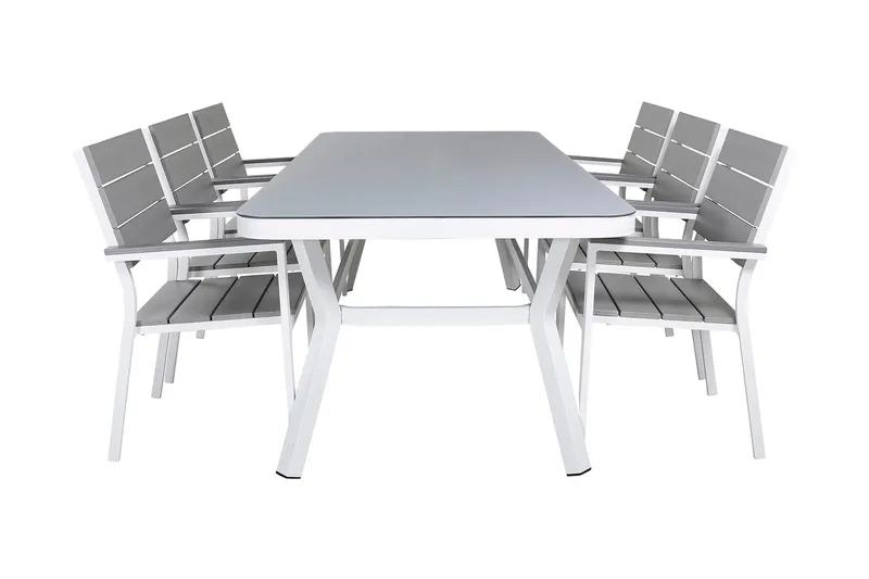 Virya Spisegruppe 160cm+6 Levels Stablebare Stoler, Hvit/Grå