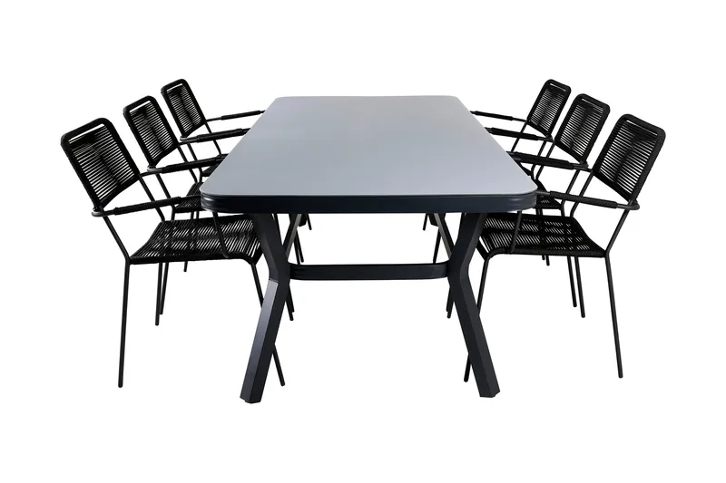 Virya Spisegruppe 200cm + 6 Lindos Karmstoler, Svart/Grå
