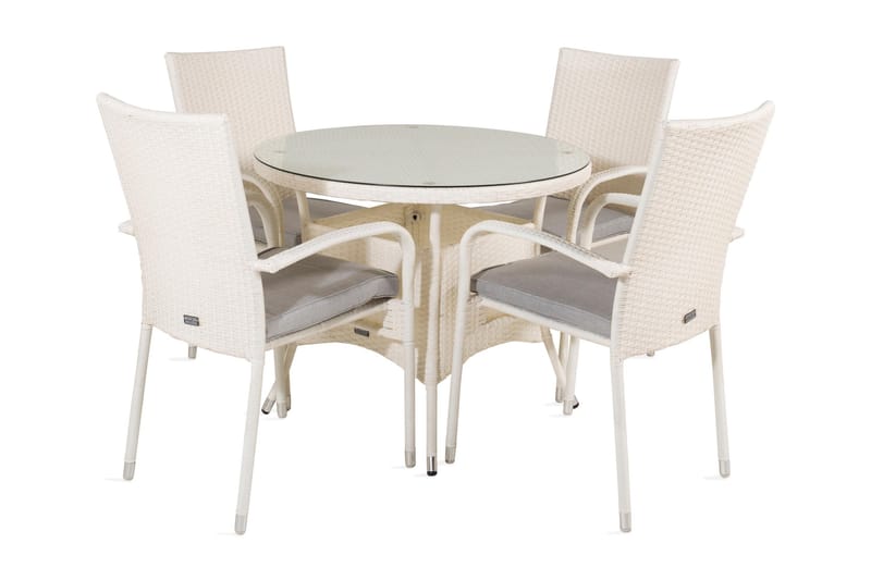 Volta Spisegruppe Rund Ø90cm + 4 Anna Karmstoler, Glass/Hvit