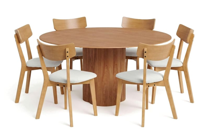 Juno spisegruppe 150 cm rund i eik med 6 Amelia spisestoler med pute - Eik/Beige - Hagemøbler - Hagegruppe - Spisegrupper hage