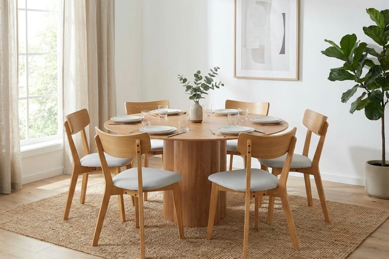 Juno spisegruppe 150 cm rund i eik med 6 Amelia spisestoler med pute - Eik/Beige - Hagemøbler - Hagegruppe - Spisegrupper hage