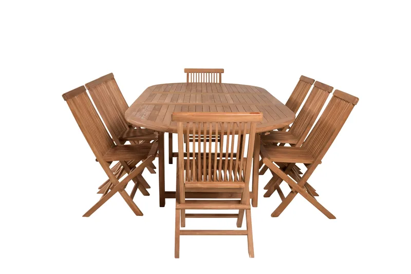 Kenya Spisegruppe 180-240x120 cm + 8 Kenya Sammenleggbar Stol, Brun