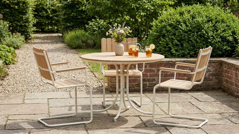 Kullaberg rund spisegruppe for utendørsbruk med 4 stoler 104 cm stål aintwood - Beige - Hagemøbler - Hagegruppe - Spisegrupper hage