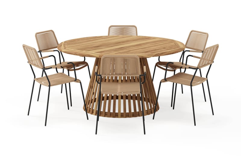 Lakenview Rundt Spisebord 150 cm med 6 Lindos Spisestoler - Natur - Hagemøbler - Hagegruppe - Spisegrupper hage