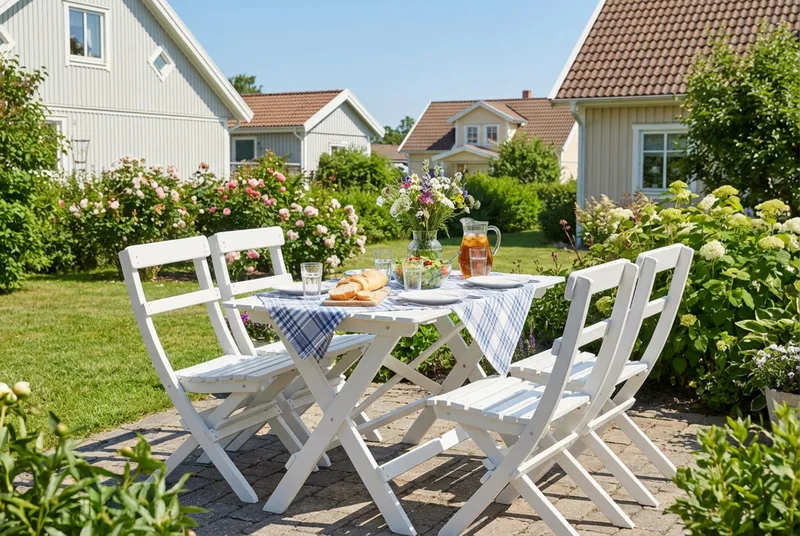 Landet utendørs spisegruppe 118x70x74 cm med 4 klappstoler - Hvit - Hagemøbler - Hagegruppe - Spisegrupper hage