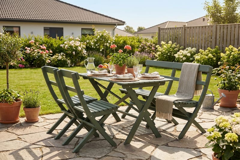 Landet utendørs spisegruppe 118x70x74 cm med sofa og 2 klappstoler - Grønn - Hagemøbler - Hagegruppe - Spisegrupper hage