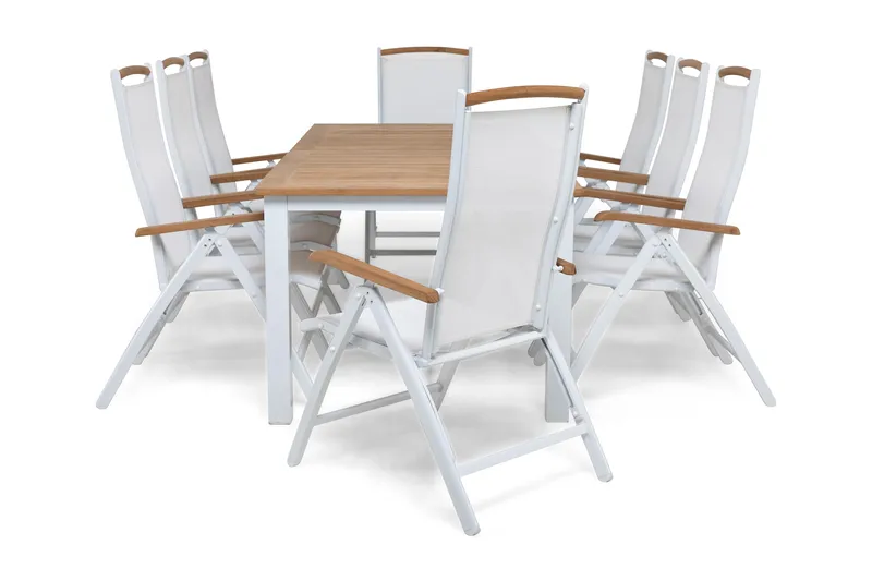 Las Vegas Spisegruppe 220-280+8 Posisjonsstoler Lyx, Hvit/Teak