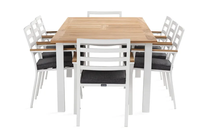 Las Vegas Spisegruppe 220-280 cm + 8 Olivenenr Spisestoler, Teak/Hvit