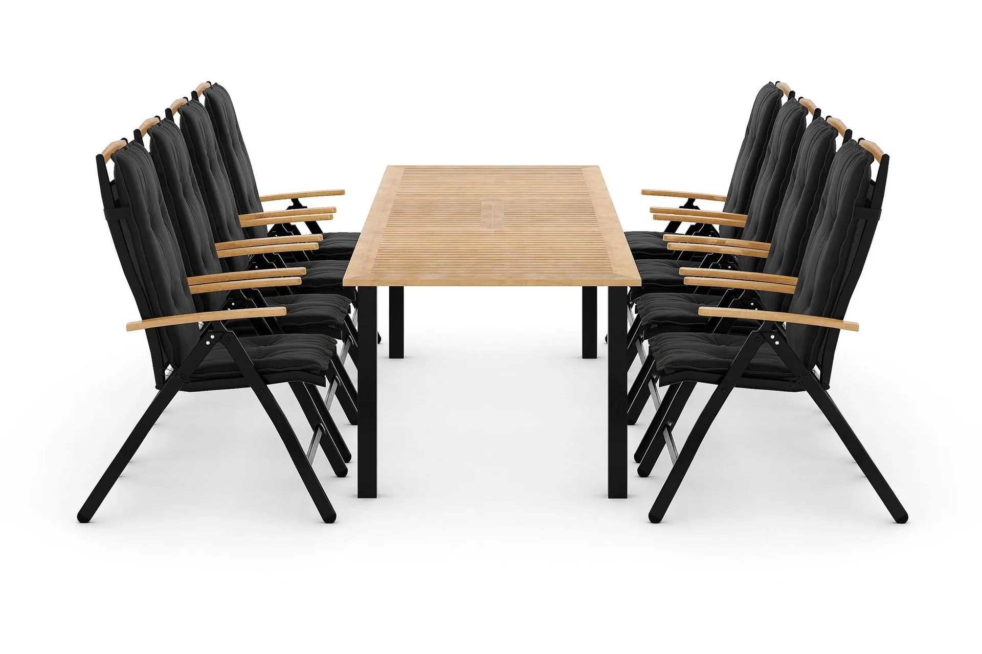 Las Vegas Spisegruppe 220-280x100 + 8 Stoler m Pute - Svart/Teak