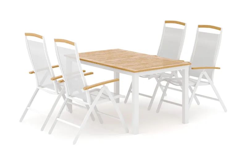 Las Vegas utendørs spisegruppe, uttrekkbar 152–210x90 cm med 4 Las Vegas regulerbare stoler - Hvit - Hagemøbler - Hagegruppe - Spisegrupper hage