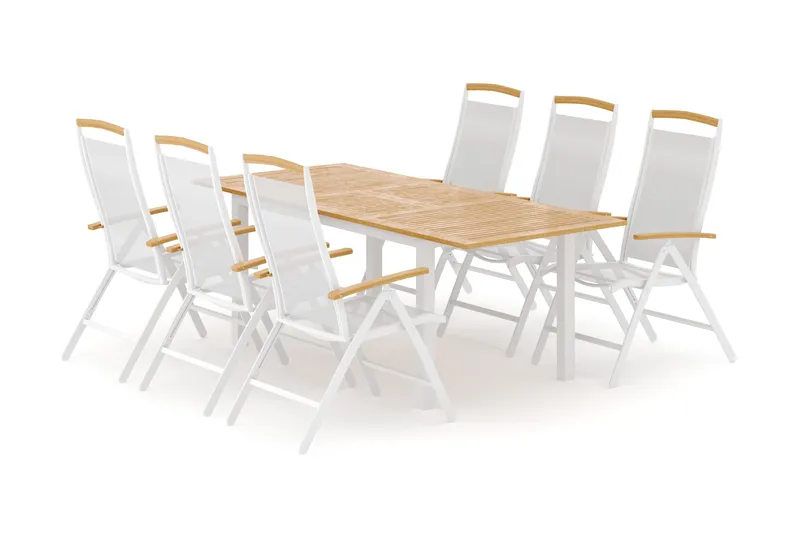Las Vegas utendørs spisegruppe, uttrekkbar 152–210x90 cm med 6 Las Vegas regulerbare stoler - Hvit - Hagemøbler - Hagegruppe - Spisegrupper hage