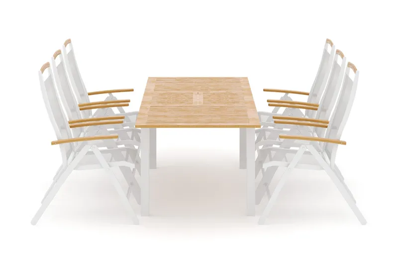 Las Vegas utendørs spisegruppe, uttrekkbar 152–210x90 cm med 6 Las Vegas regulerbare stoler, Hvit