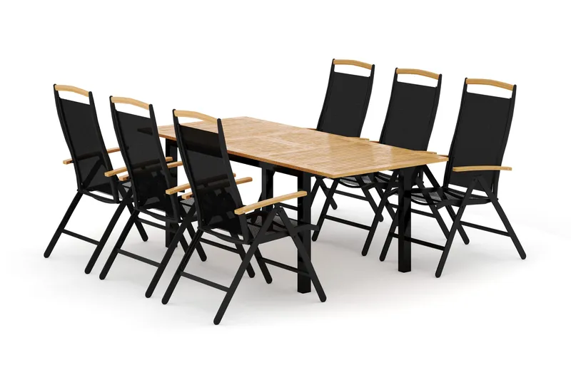 Las Vegas utendørs spisegruppe, uttrekkbar 152–210x90 cm med 6 Las Vegas regulerbare stoler - Svart - Hagemøbler - Hagegruppe - Spisegrupper hage
