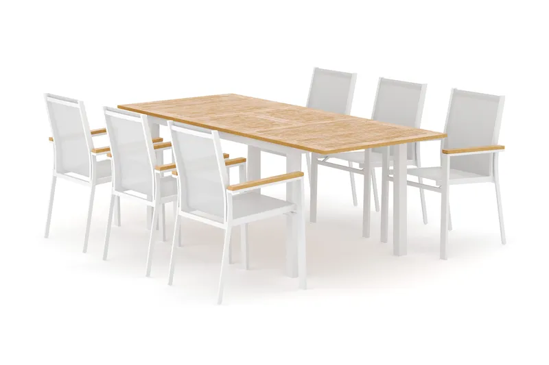 Las Vegas utendørs spisegruppe, uttrekkbar 152–210x90 cm med 6 Las Vegas stablebare stoler, Hvit