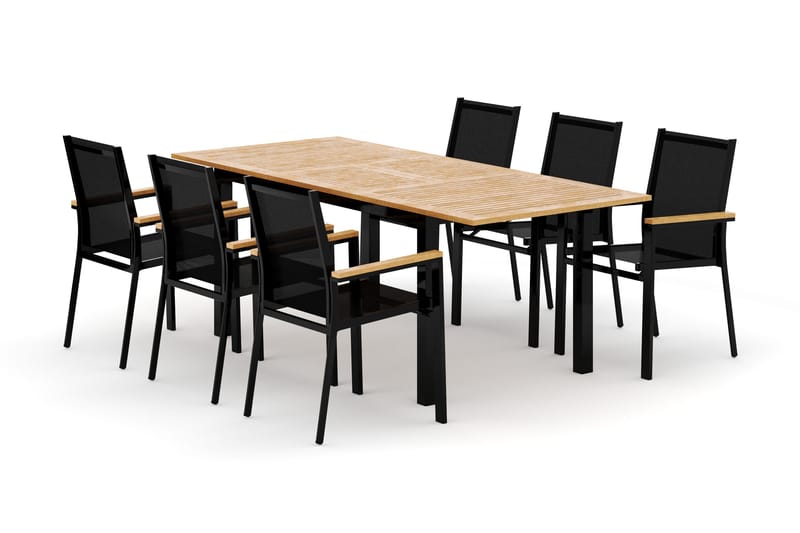 Las Vegas utendørs spisegruppe, uttrekkbar 152–210x90 cm med 6 Las Vegas stablebare stoler, Svart